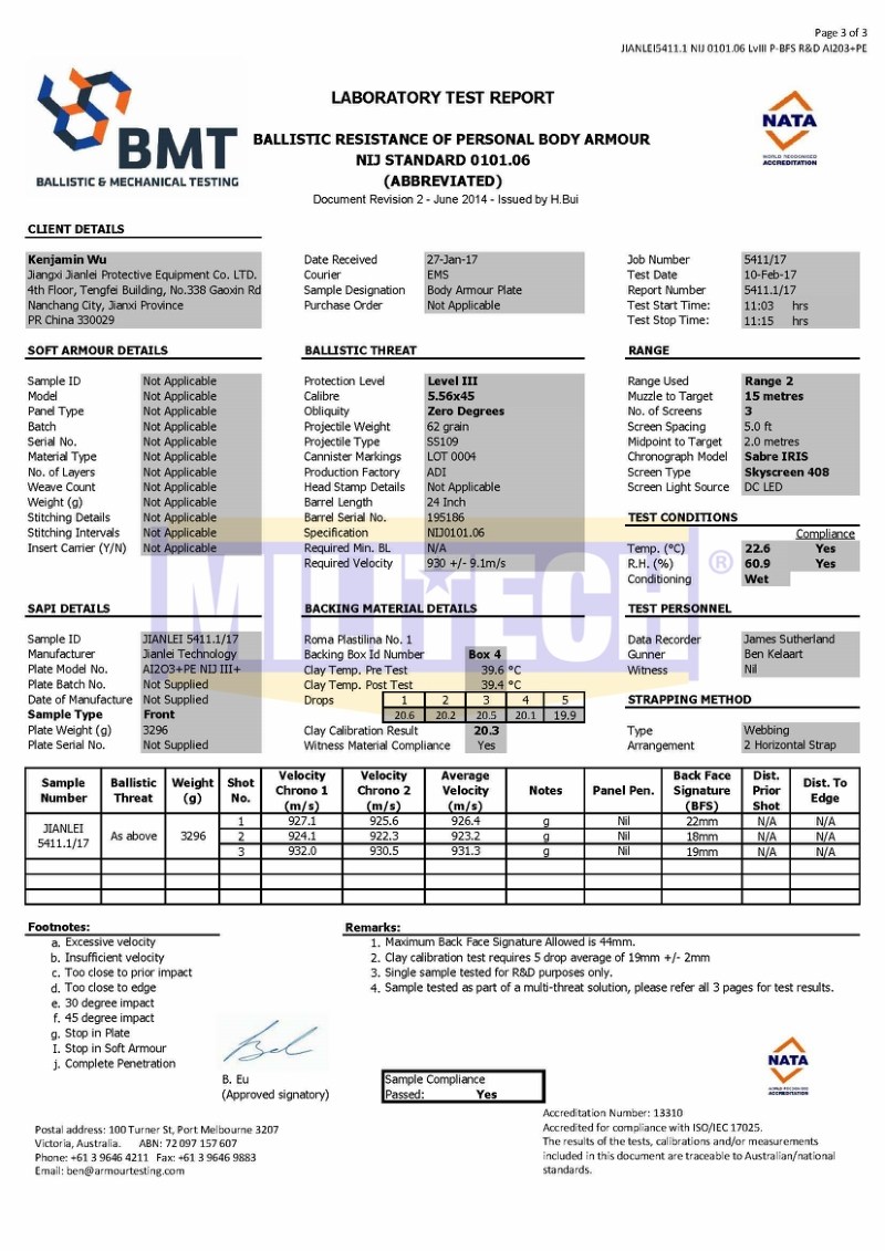 Alumina Ballistic Plate BMT NIJ III+ 0101.06 M80 M43 SS109 Test Report 3